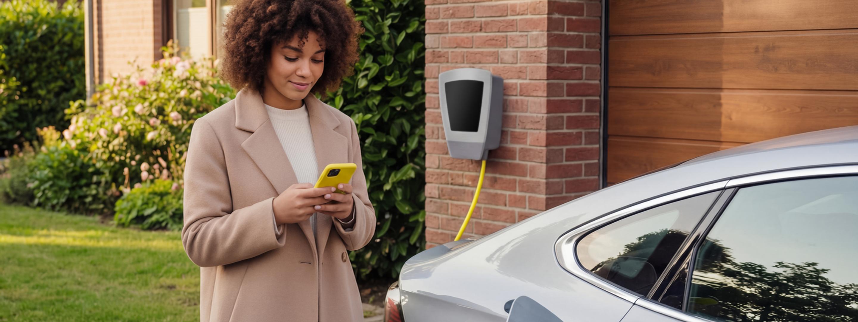 Frau mit gelbem Handy in der Hand lädt ihr E-Auto über eine Wallbox Zuhause an der Garage