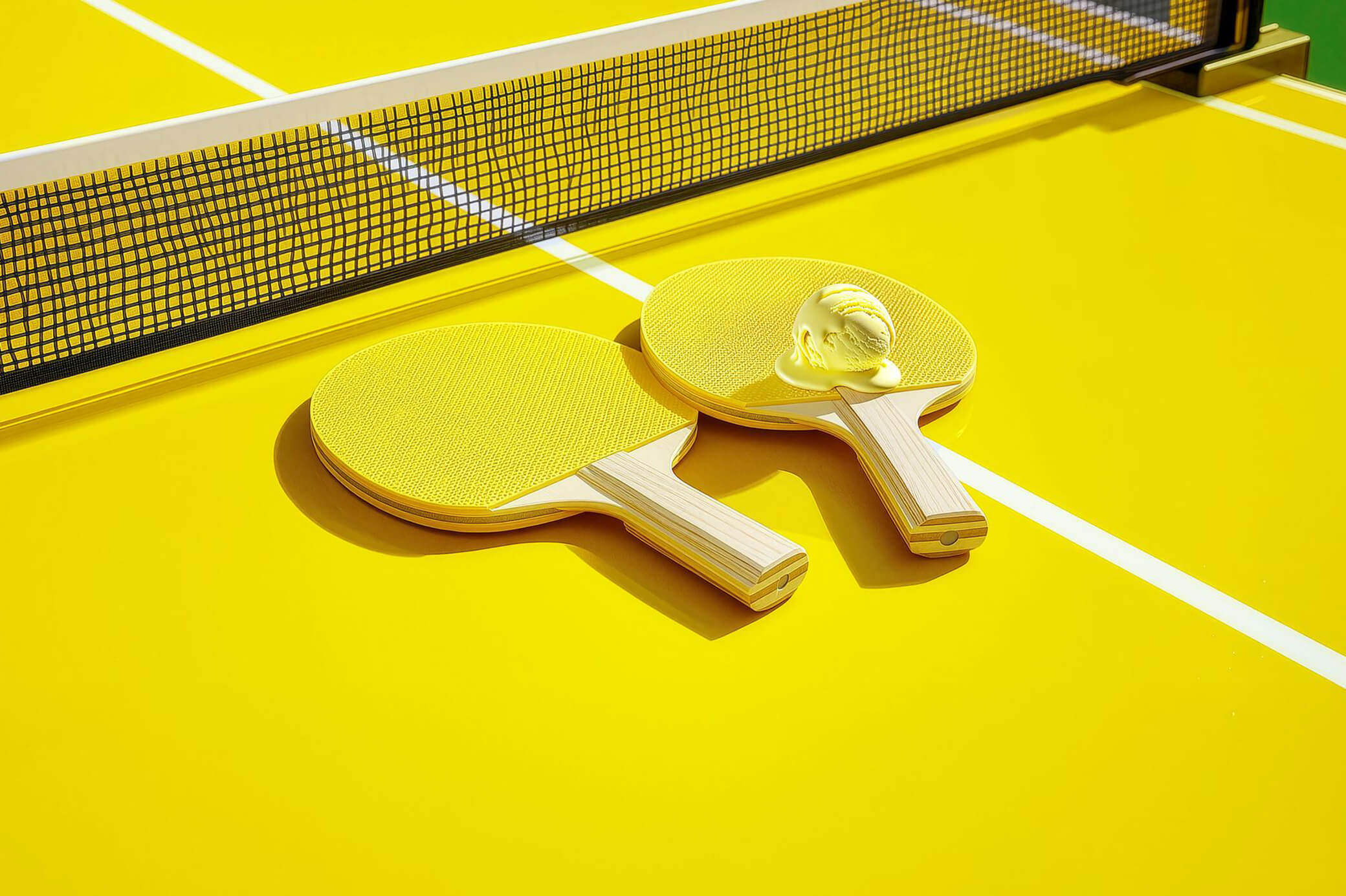 Mit dem Kombitarif von Yello erhältst du eine extra Prämie Zwei Tischtennisschläger liegen auf gelber Tischtennisplatte mit einer Eiskugel die an einen Tennisball erinnert - KI generiert