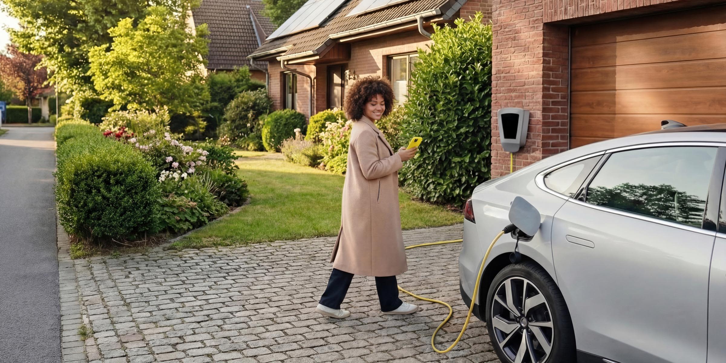 E-Auto zuhause laden - so einfach geht es mit Wallbox Frau mit beigem Mantel und gelbem Handy in der Hand wartet auf das Laden des E-Autos mit Wallbox vor ihrem Zuhause