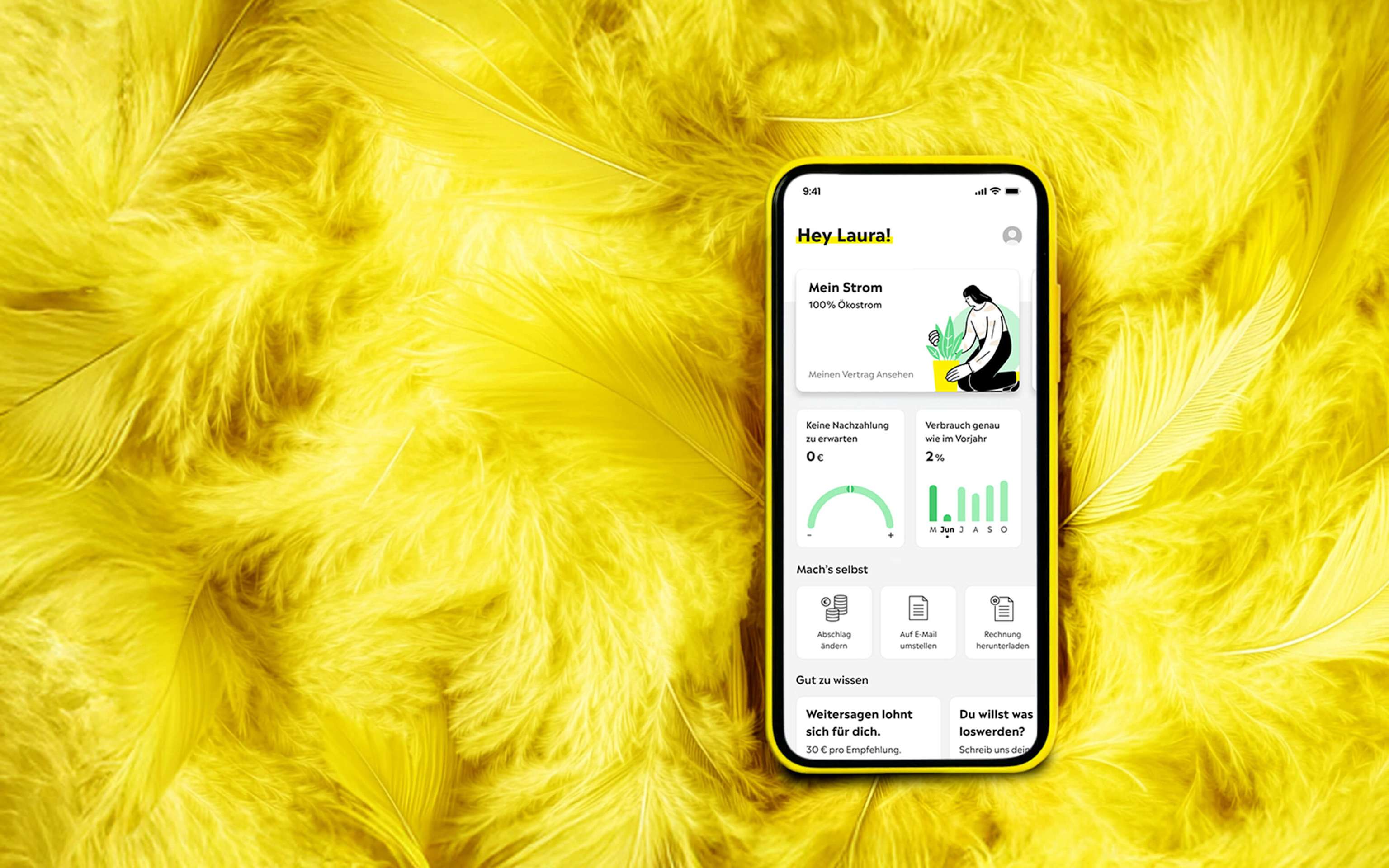 Yello Stromtarife versorgen dich mit guter und Energie - einfach digital Handy, das die Yello App mit dem Yello Mein Strom Tarif zeigt auf gelben Federn - KI generiert