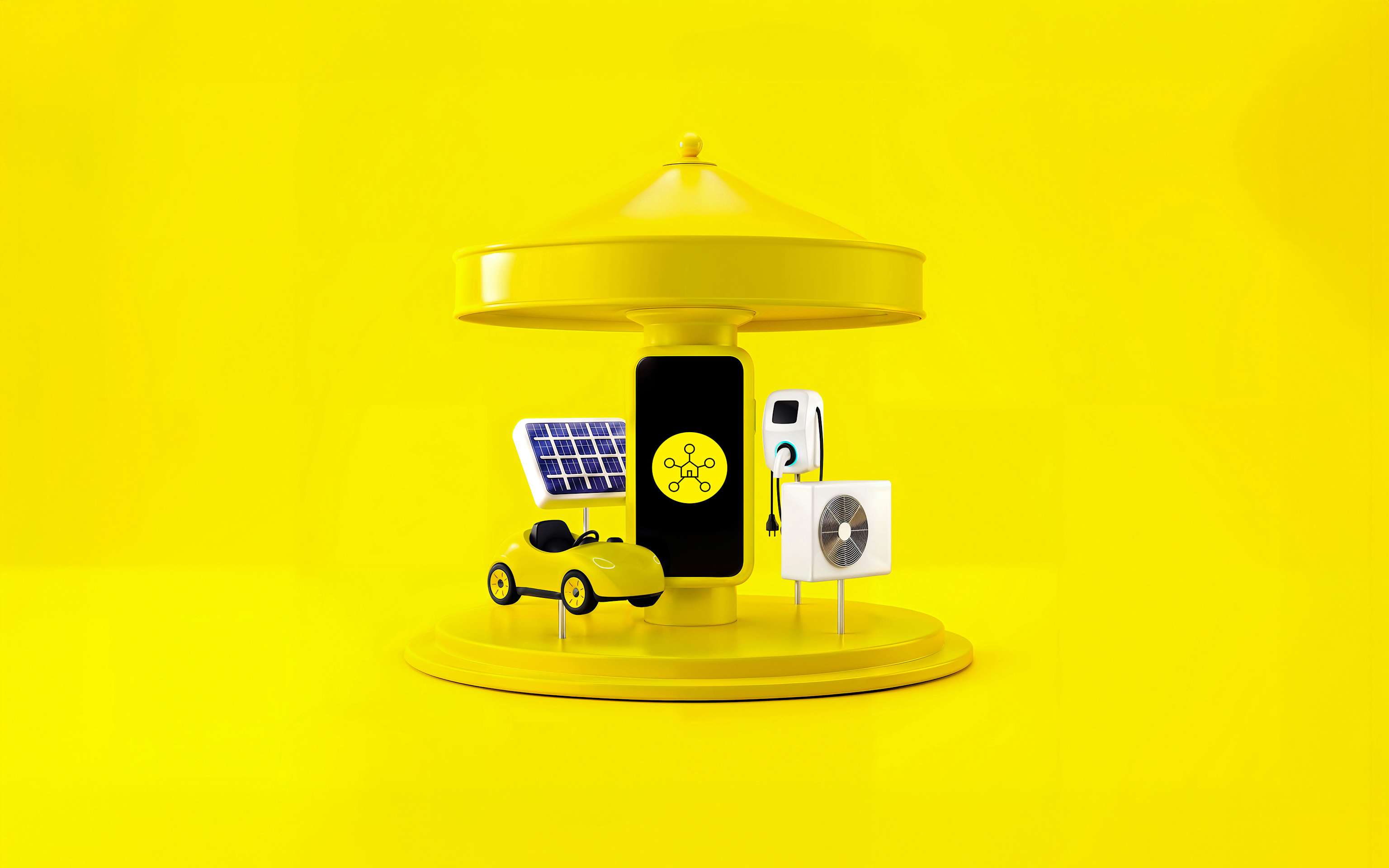 Yello Hub ist dein Energie-Autopilot in der App Gelbes Karussell mit E-Auto, Wärmepumpe und Solaranlage – KI-generiert