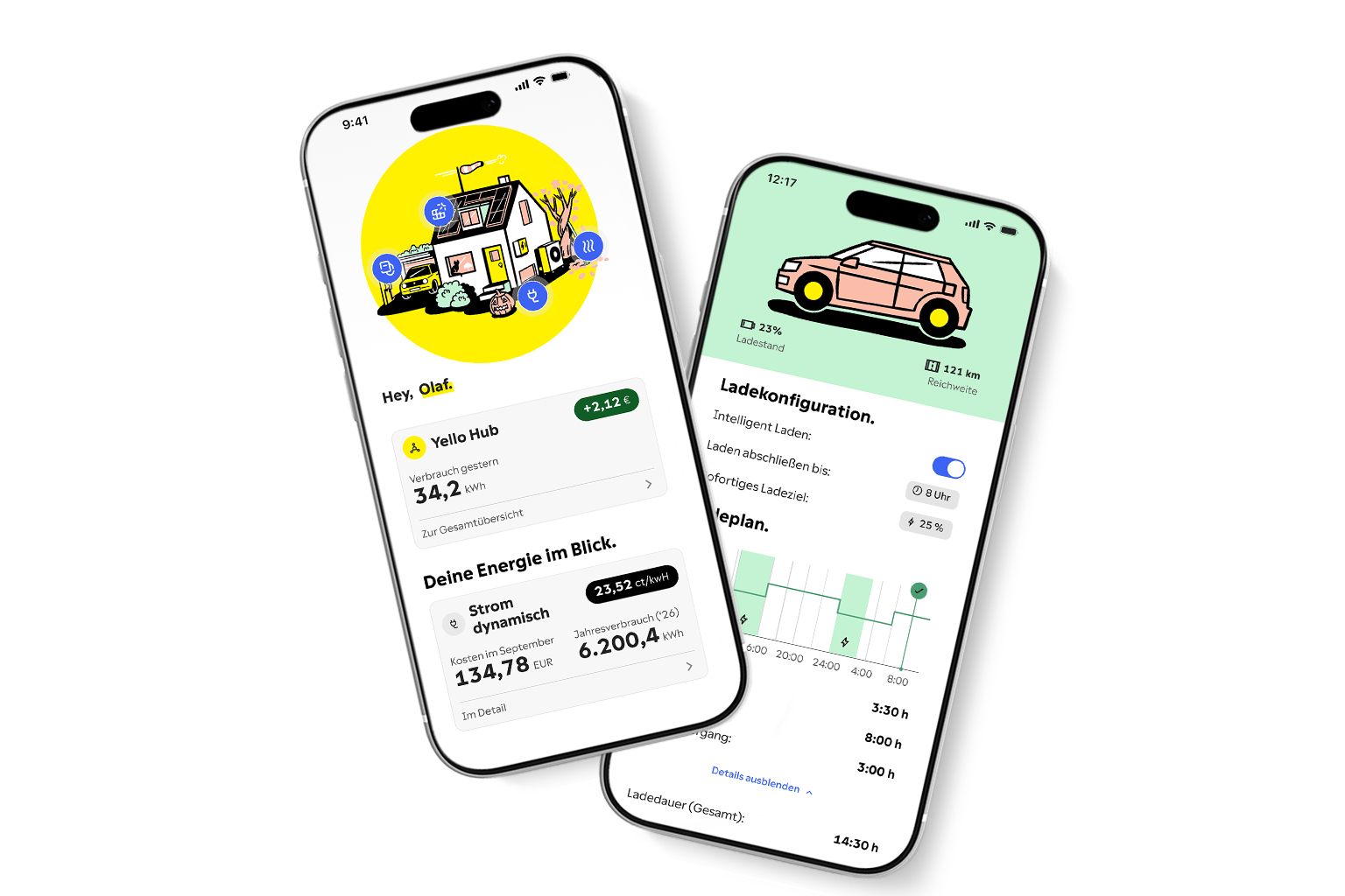 Ein Smartphone mit der Yello Hub Ansicht in der Yello App