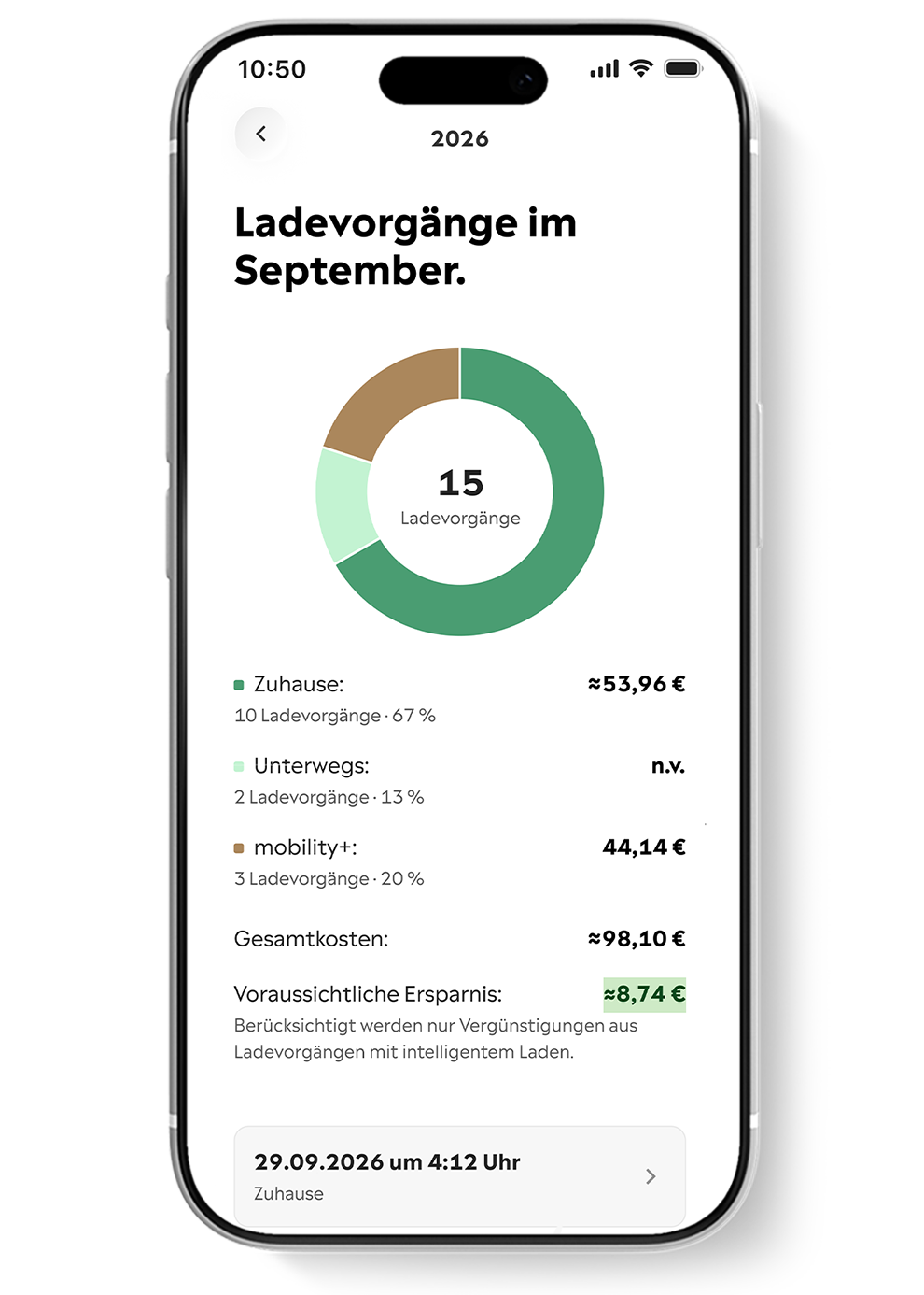 Handy Bildschirm zeigt den Yello Hub Energiemanager in der App mit der Ladeübersicht eines E-Autos zuhause und unterwegs