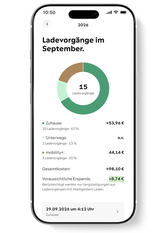 Im Yello Hub siehst du die Ladekosten für dein E-Auto auf einen Blick Handy Bildschirm zeigt den Yello Hub Energiemanager in der App mit der Ladeübersicht eines E-Autos zuhause und unterwegs