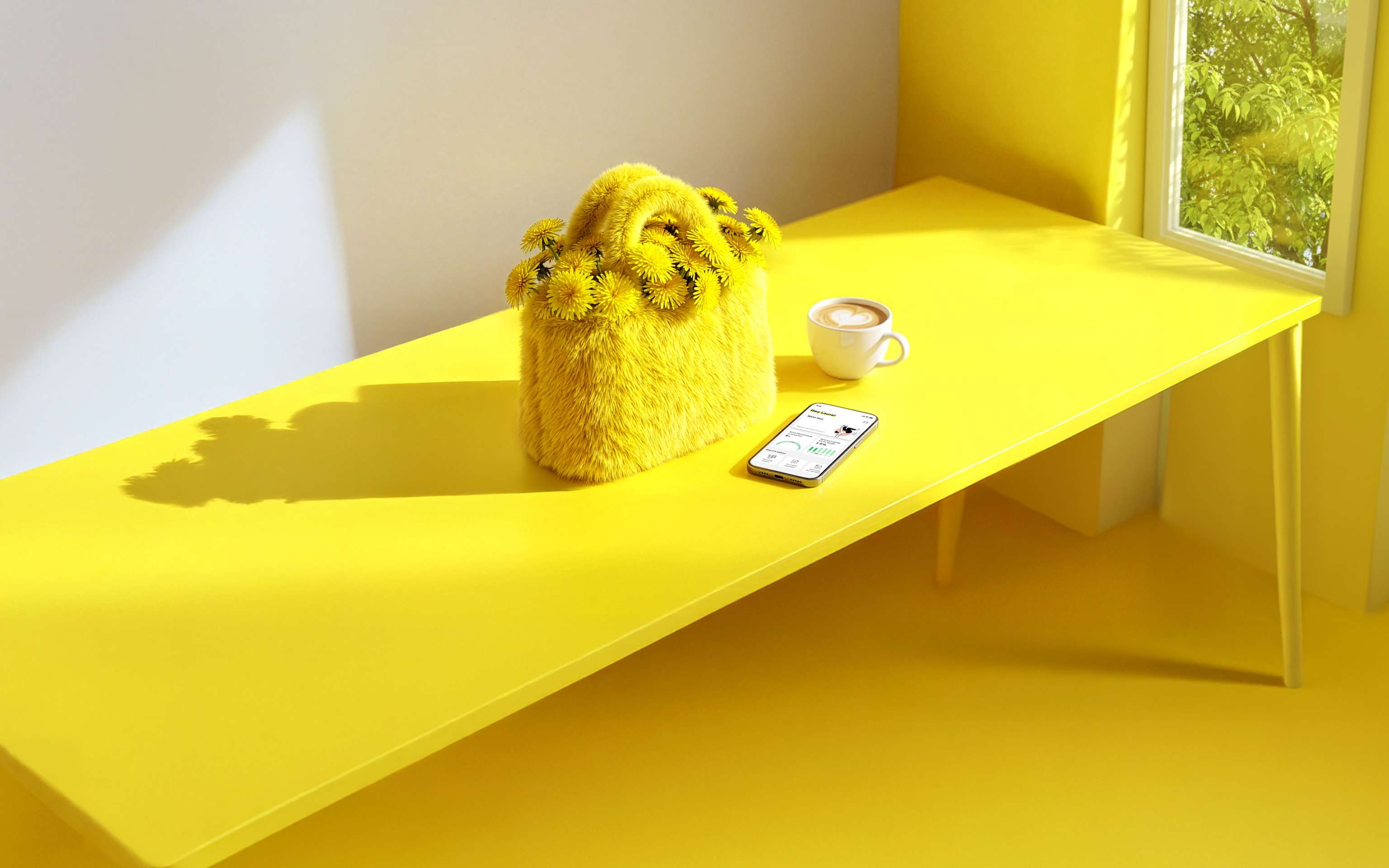 Yello macht's dir flauschig warm mit Gewerbegas Eine gelbe plüschige Tasche mit Blumen steht auf Tisch mit Tasse und Handy - KI generiert