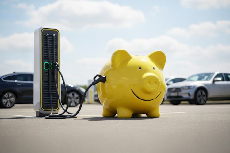 THG-Prämie für dein E-Auto erhalten Gelbes Sparschwein tankt Strom an Ladesäule unterwegs