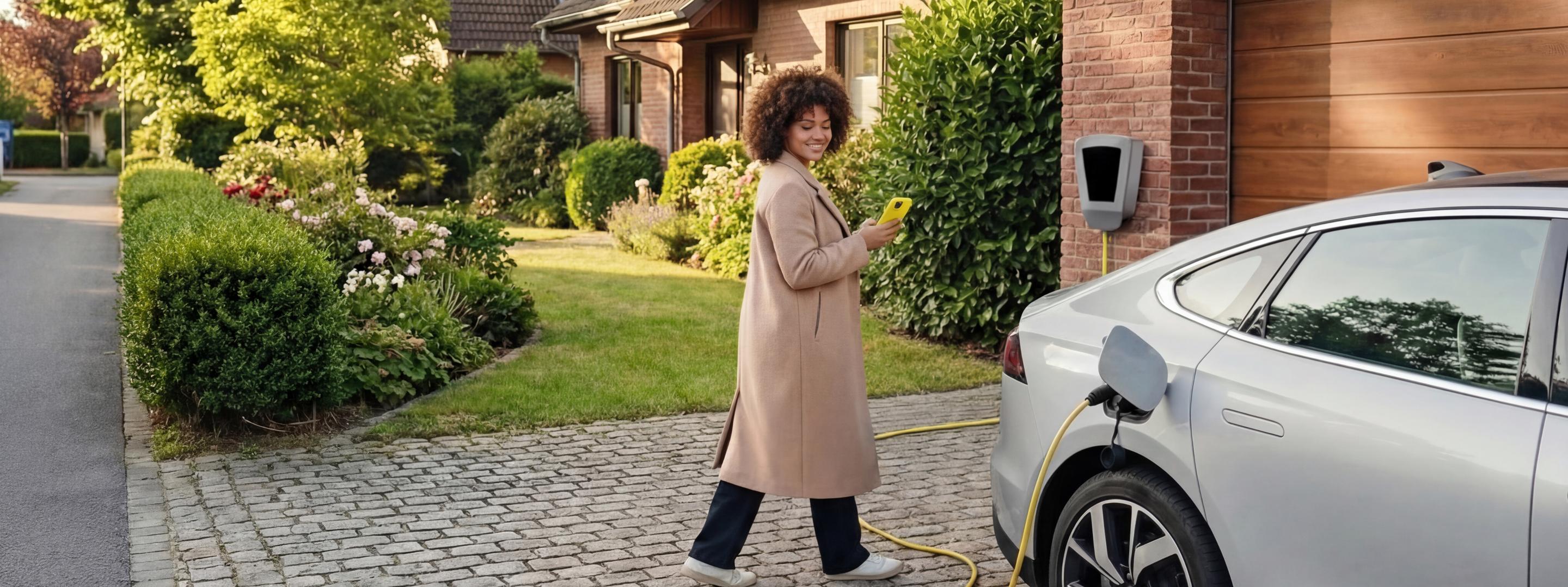 Frau mit Trinkflasche wartet auf das Laden des E-Autos mit Wallbox