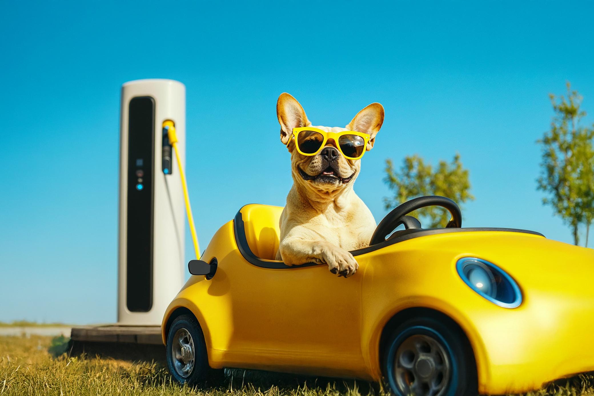 KI-generiertes Foto von einem French Bully Hund im Elektroauto an einer Ladesäule im Grünen