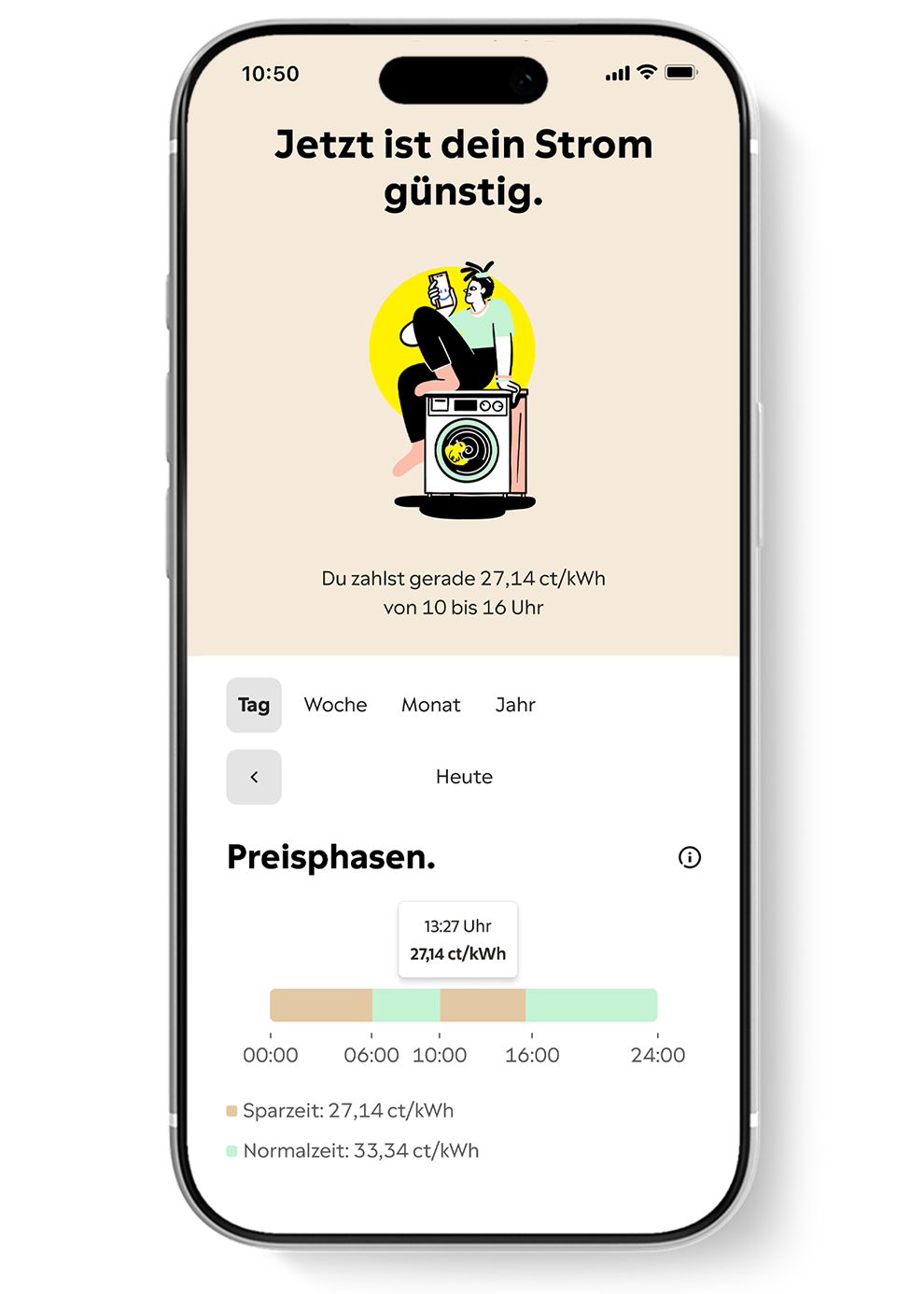 Handy Bildschirm zeigt die Yello App und den zeitvariablen Stromtarif mit Sparzeiten