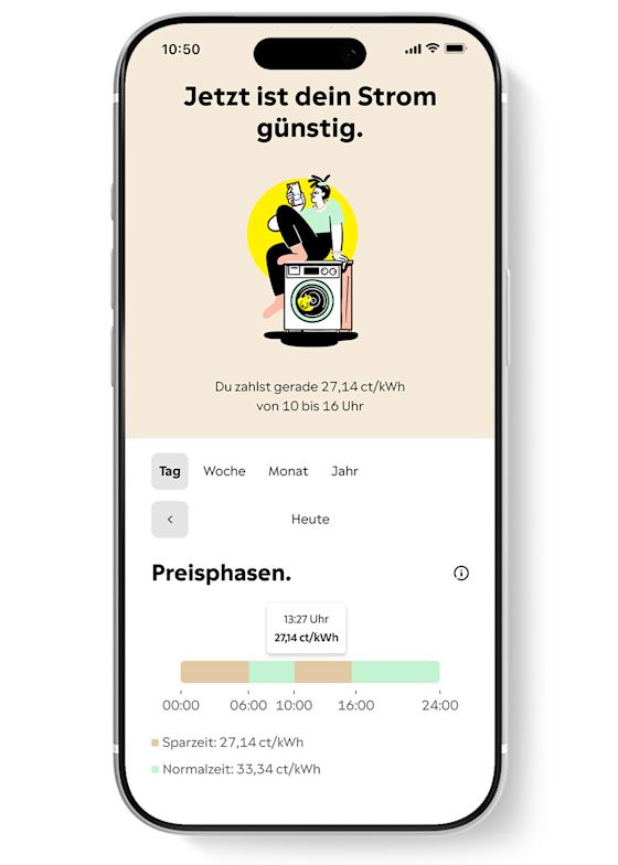 Du hast einen variablen Stromtarif? In der Yello App siehst du Strompreis und Sparzeiten Handy Bildschirm zeigt die Yello App und den zeitvariablen Stromtarif mit Sparzeiten