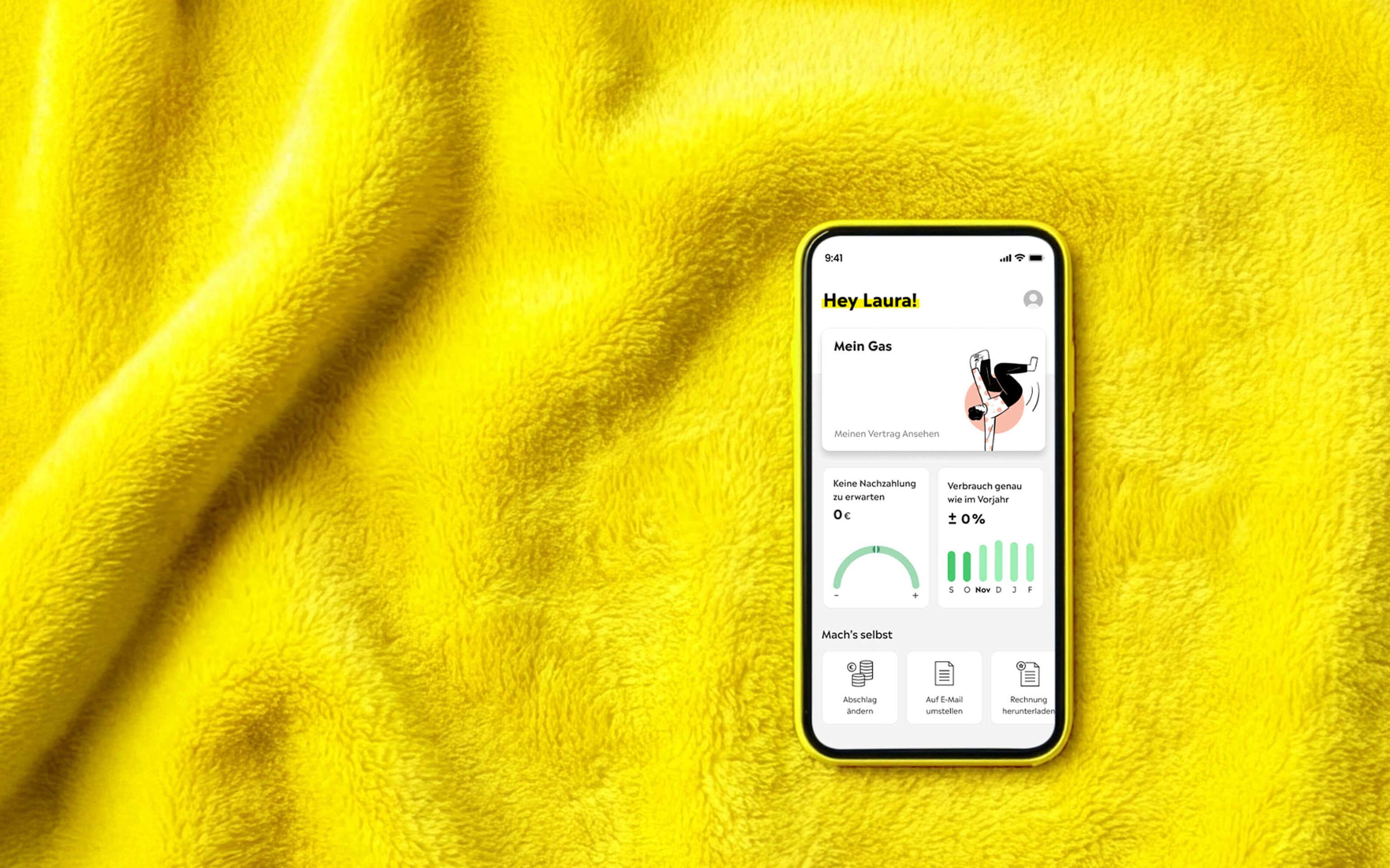 Unsere Yello Gas- und Heiztarife für dein warmes Zuhause Ein Smartphone auf warmer, gelber Decke zeigt Bildschirm für Gastarif in der Yello App - KI generiert