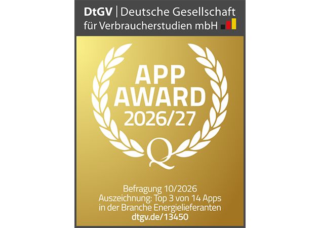 Top-App 2026/27 unter den Stromanbieter Apps - bewertet von DtGV Siegel DtGV App Award 2026/27: Yello App hat die Top-App in der Branche Stromanbieter