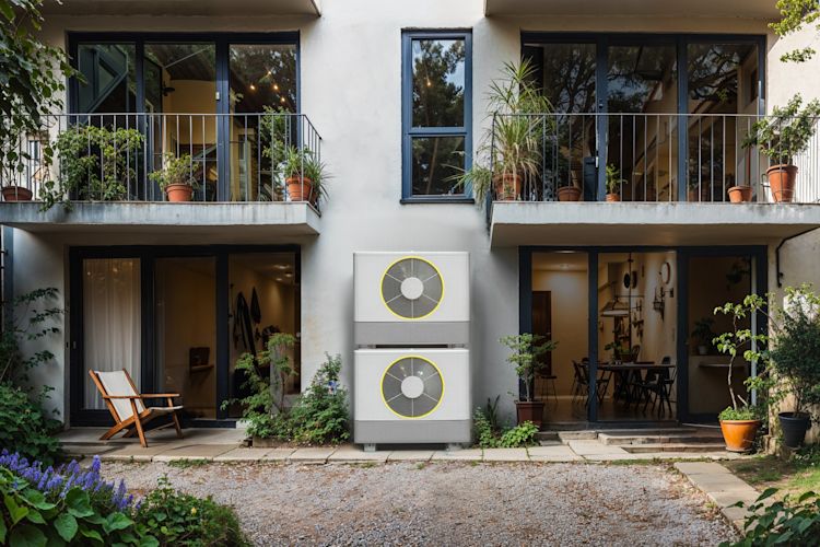 Eine Wärmepumpe heizt dein Zuhause effizienter und erzeugst weniger CO₂-Ausstoß Zwei Wärmepumpen in einem grünen Hinterhof vor Haus mit Terrasse und Balkon