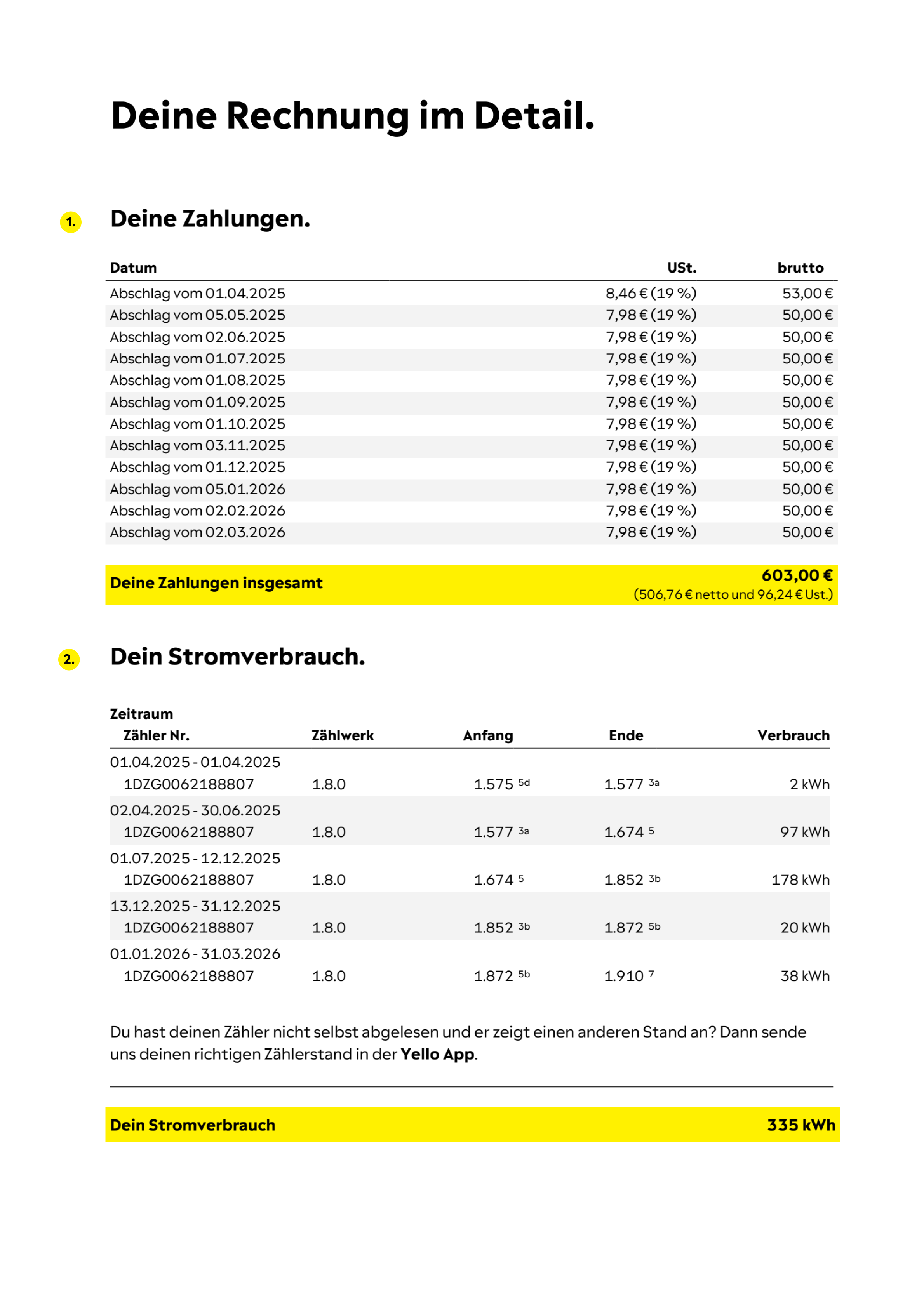 Zweite Seite der Yello Rechnung