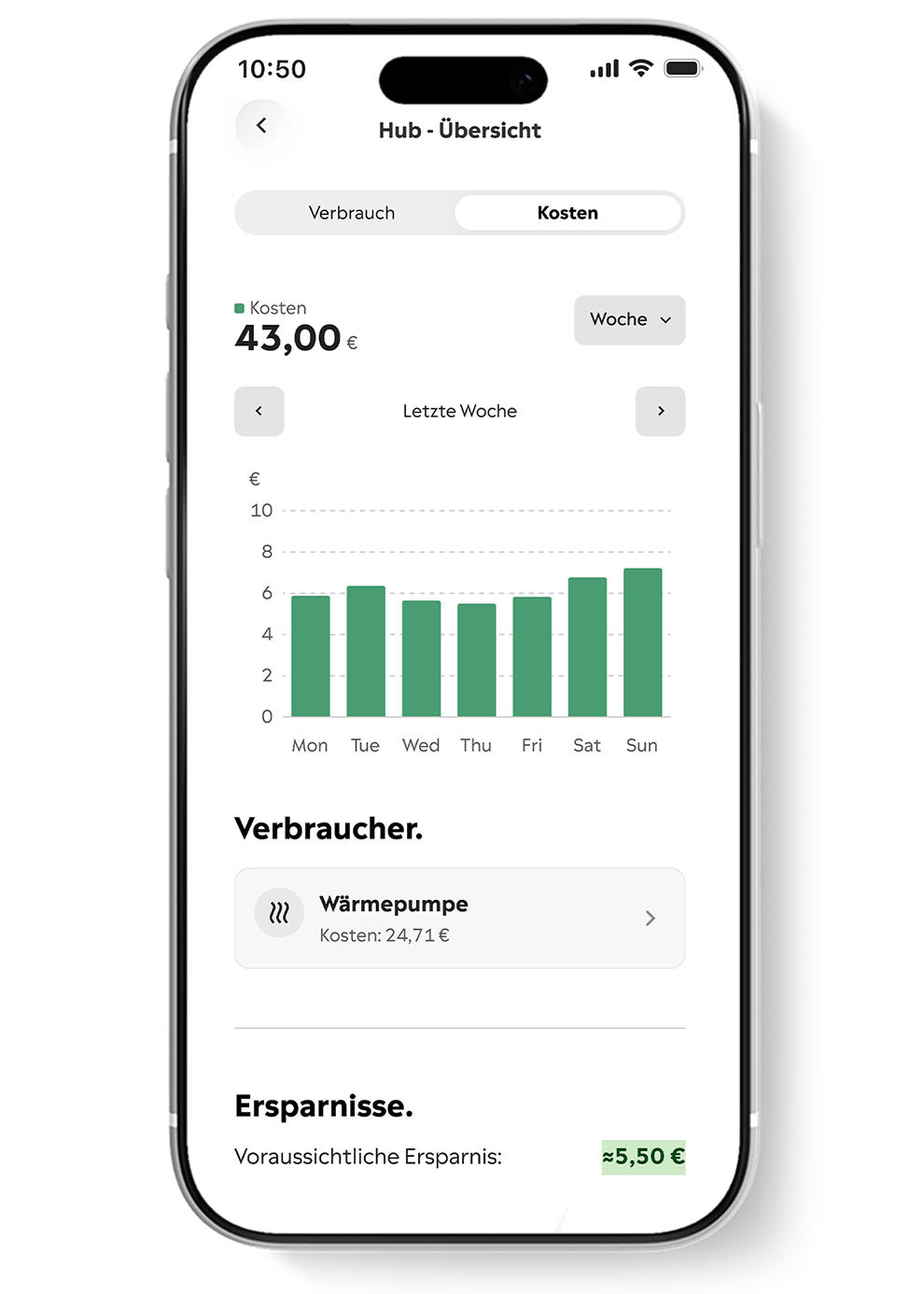 Handy Bildschirm zeigt den Yello Hub Energiemanager in der App, der die Wärmepumpe mit dynamischem Tarif lädt