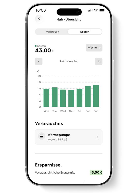 Yello Hub startet deine Wärmepumpe, wenn der Strom günstig ist Handy Bildschirm zeigt den Yello Hub Energiemanager in der App, der die Wärmepumpe mit dynamischem Tarif lädt