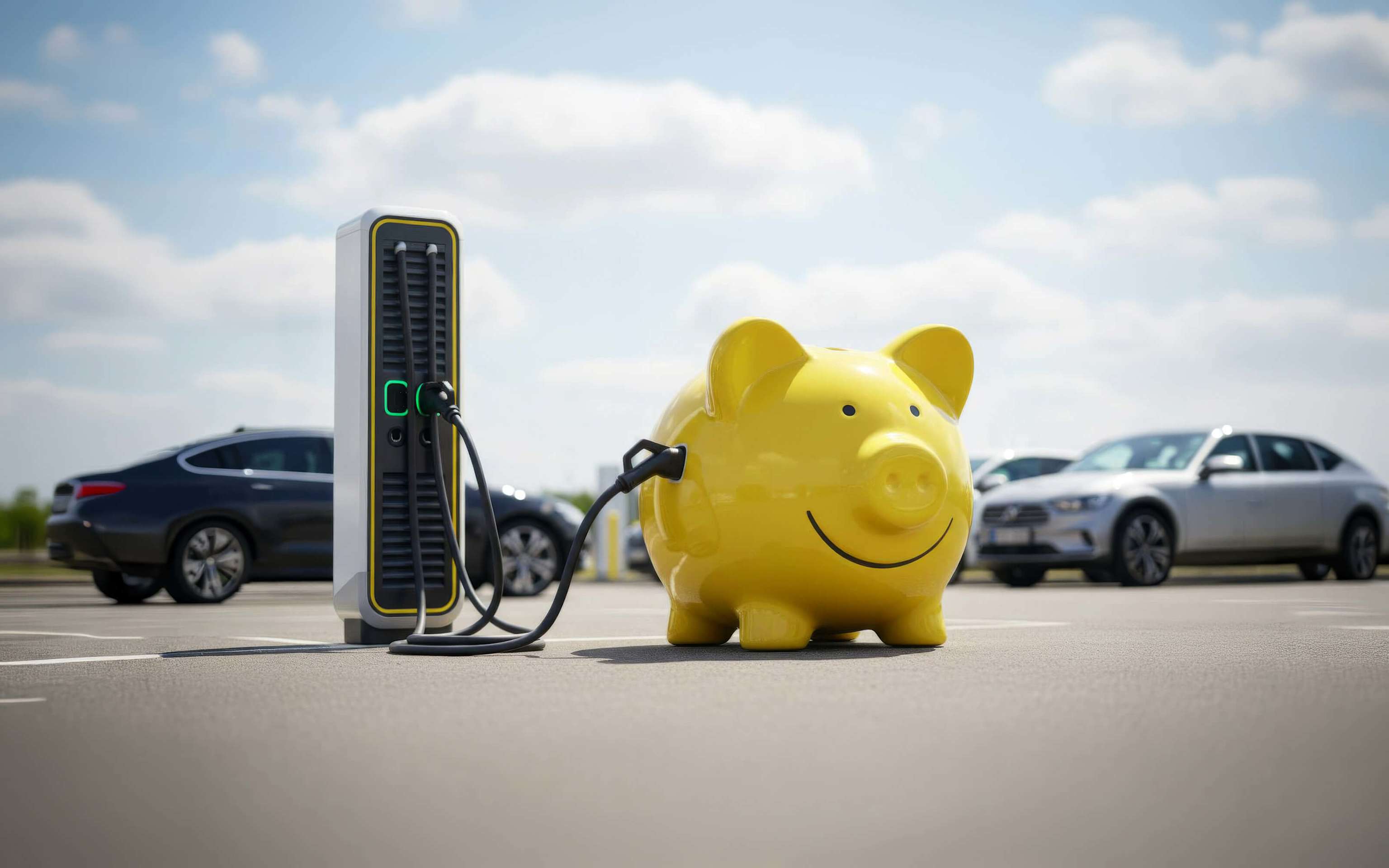 Jetzt THG-Prämie für E-Auto Halter:innen sichern. Bild von einem gelben Sparschwein, das an einer E-Auto-Ladestation lädt - KI-generiert