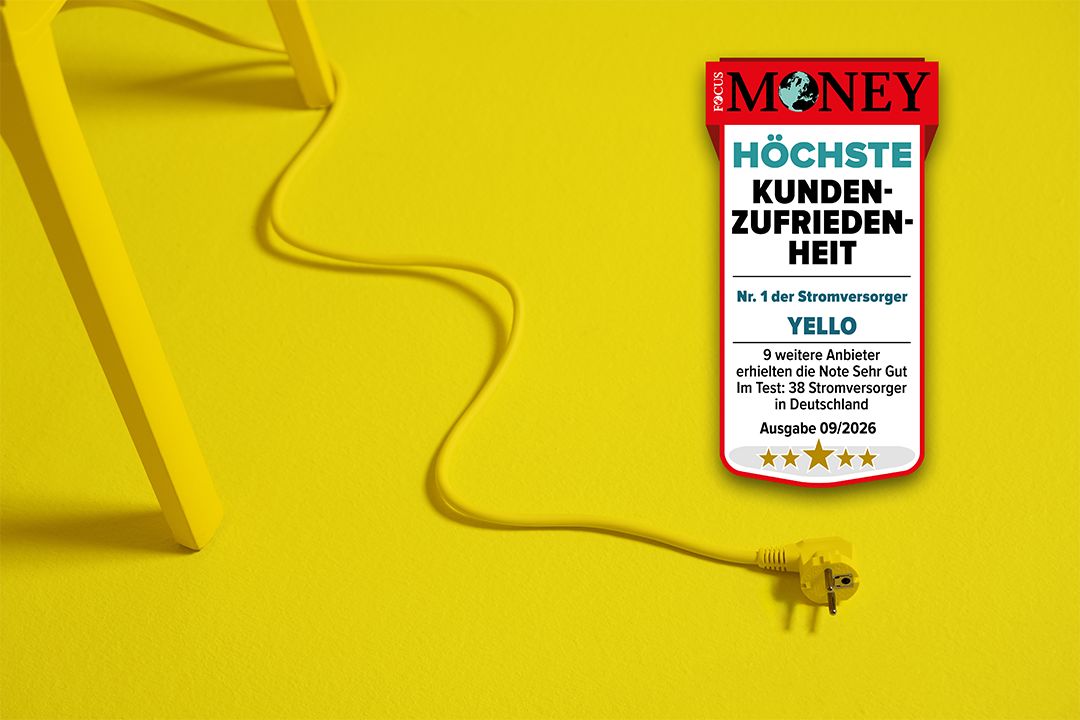 Focus Money-Testsiegel (Ausgabe 9/2026) für Yello für "Höchste Kundenzufriedenheit" in der Stromversorgung, abgebildet auf gelben Hintergrund mit gelben Stromstecker.