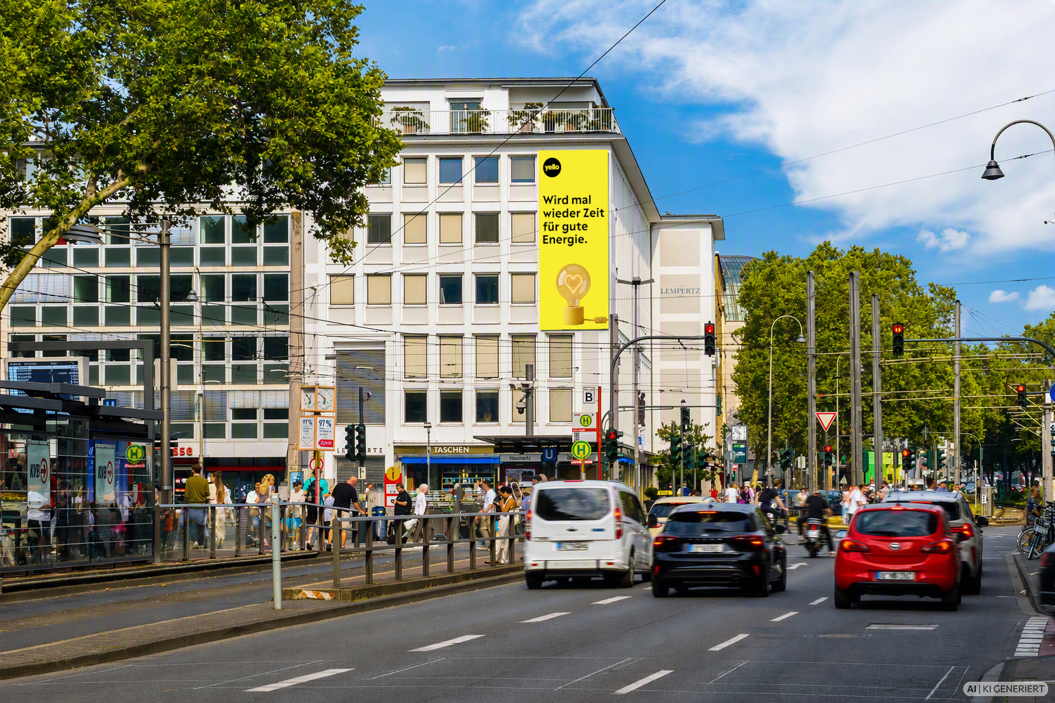 Eine belebte Straße am Neumarkt in Köln mit Autos und Straßenbahngleisen. An der Fassade eines Gebäudes hängt ein großes gelbes Werbeplakat von Yello mit der Aufschrift „Wird mal wieder Zeit für gute Energie“.