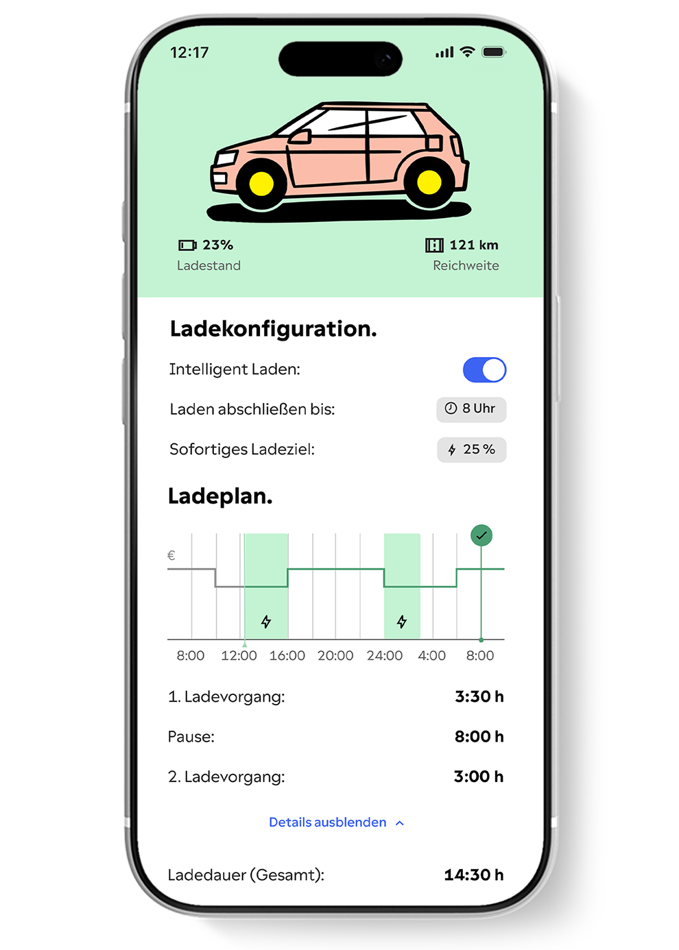 Handy Bildschirm zeigt den Yello Hub Energiemanager in der App und den Ladeplan fürs E-Auto mit Stromkosten