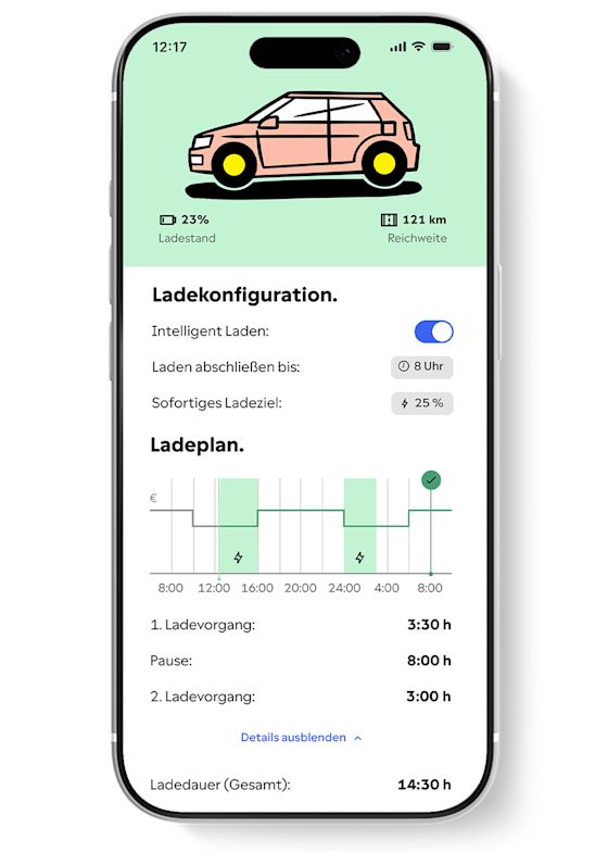 Mit Yello Hub lädst du dein E-Auto einfach, wenn der Strom günstig ist Handy Bildschirm zeigt den Yello Hub Energiemanager in der App und den Ladeplan fürs E-Auto mit Stromkosten