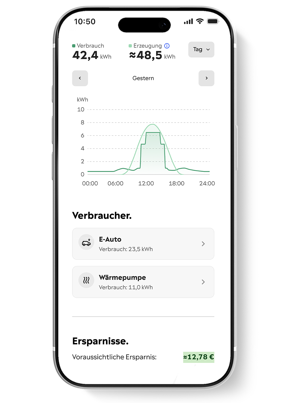 Handy Bildschirm zeigt den Yello Hub Energiemanager in der App und die Nutzung von eigenem Solarstrom