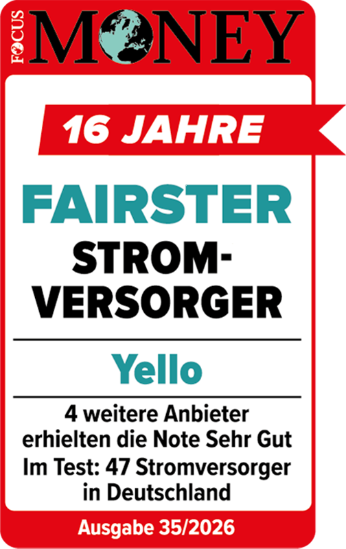 Jubiläums Testsiegel Focus Money für Yello als 16 Jahre fairster Stromversorger 2026