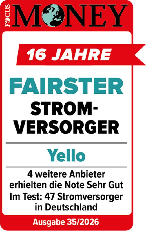 Im Focus Money Test ausgezeichnet als 16 Jahre fairster Stromversorger 2026 Jubiläums Testsiegel Focus Money für Yello als 16 Jahre fairster Stromversorger 2026