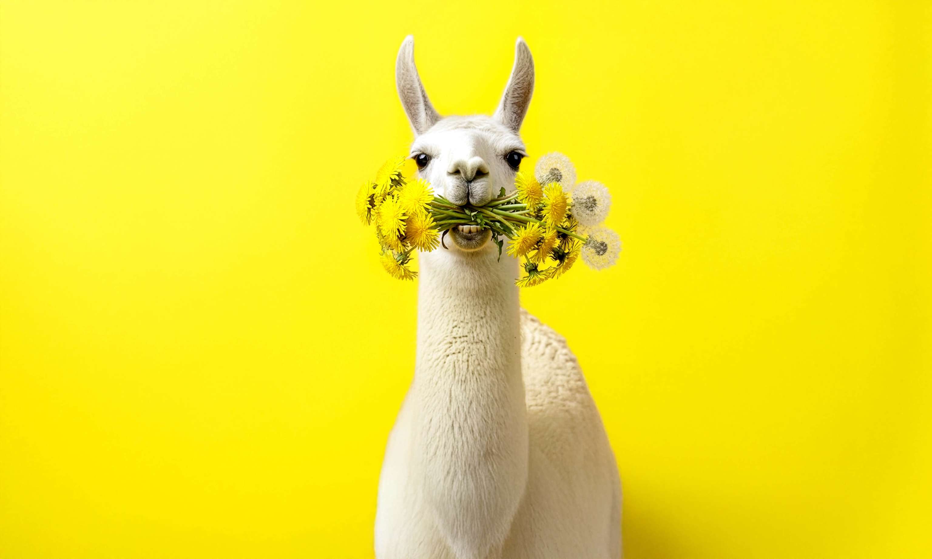 Bunt, gelb, sozial - So geht Nachhaltigkeit bei Yello Ein Lama hält Löwenzahn Blumen im Maul vor gelbem Hintergrund - KI generiert