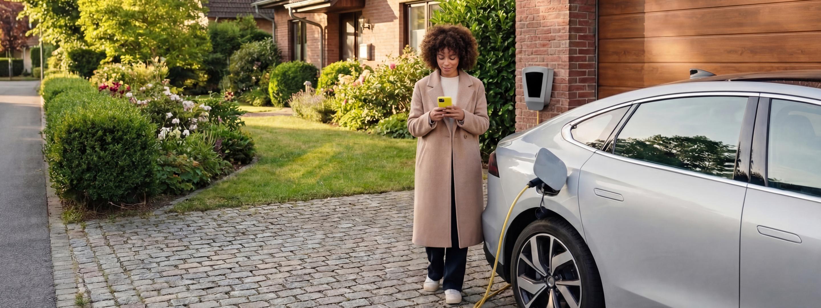 Fröhliche Frau lädt ihr graues E-Auto Zuhause über die Wallbox und steuert Smart Charging intelligent per Handy in der Hand in der Einfahrt vor ihrem grünen Garten