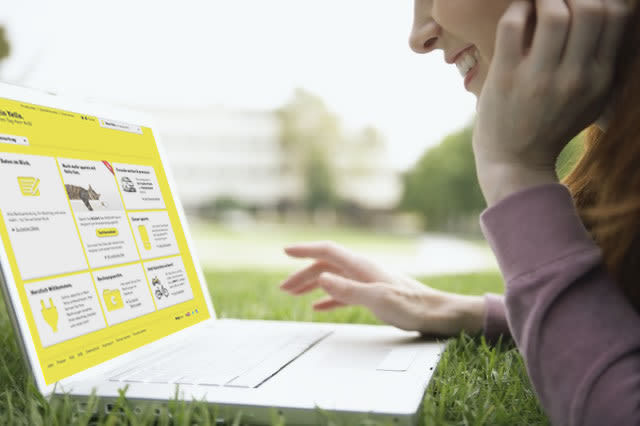 Eine im Gras liegende Person lächelt, während sie einen Laptop mit einer leuchtend gelben Website auf dem Bildschirm benutzt.