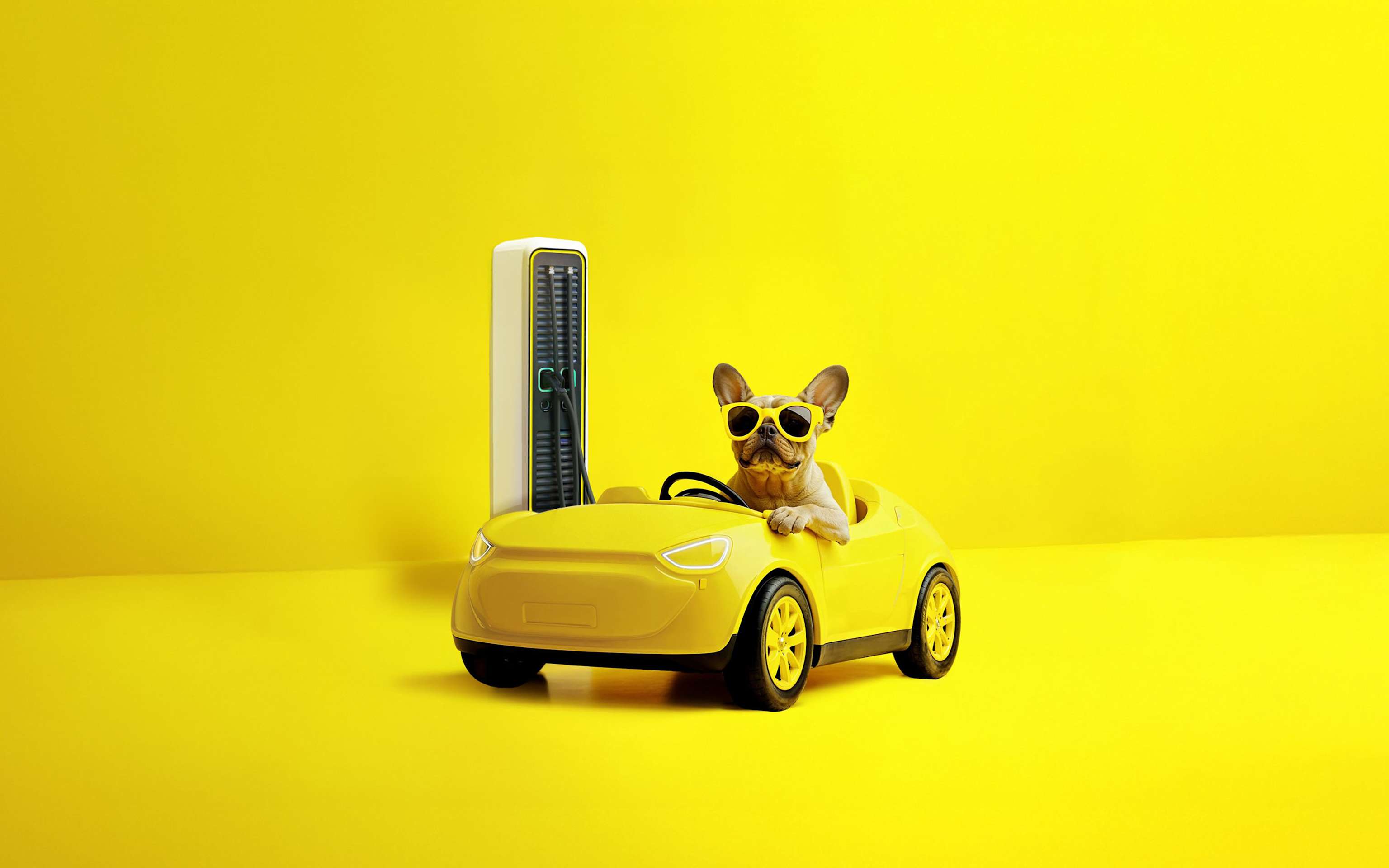 Mit Autostrom von Yello lädst du zuhause und unterwegs ganz entspannt KI-generiertes Foto von einem French Bully Hund im Elektroauto vor gelbem Hintergrund