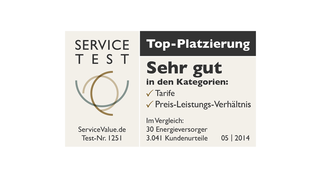Siegel: Service Test 05/2014, Top Platzierung, Sehr gut in den Kategorien Tarife und Preis-Leistungs-Verhältnis.