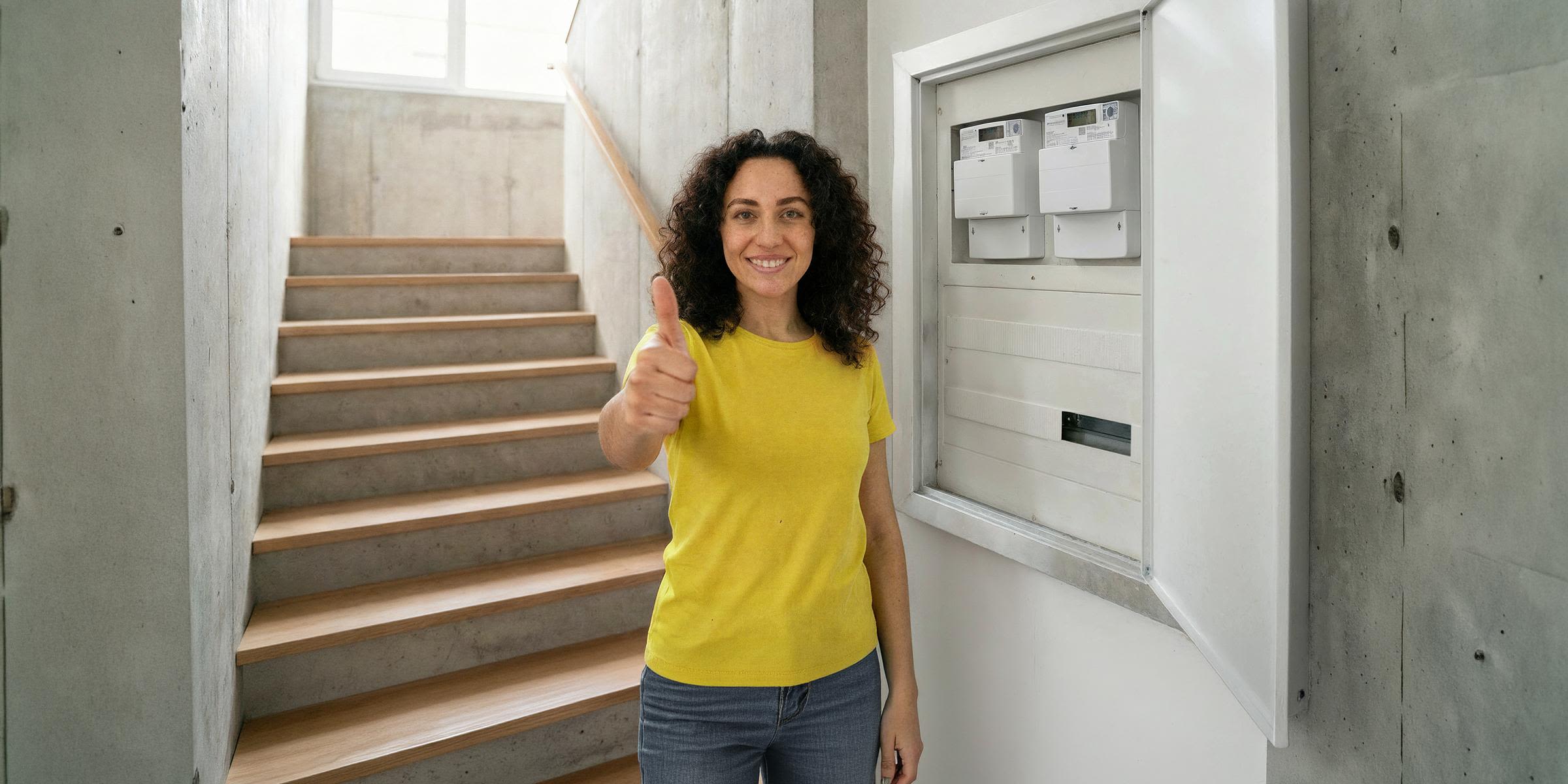 Diese verschiedenen Stromzähler-Arten gibt es Eine Frau in gelbem Shirt steht neben Zählerkasten mit digitalem Stromzähler und zeigt lächelnd ihren Daumen hoch.